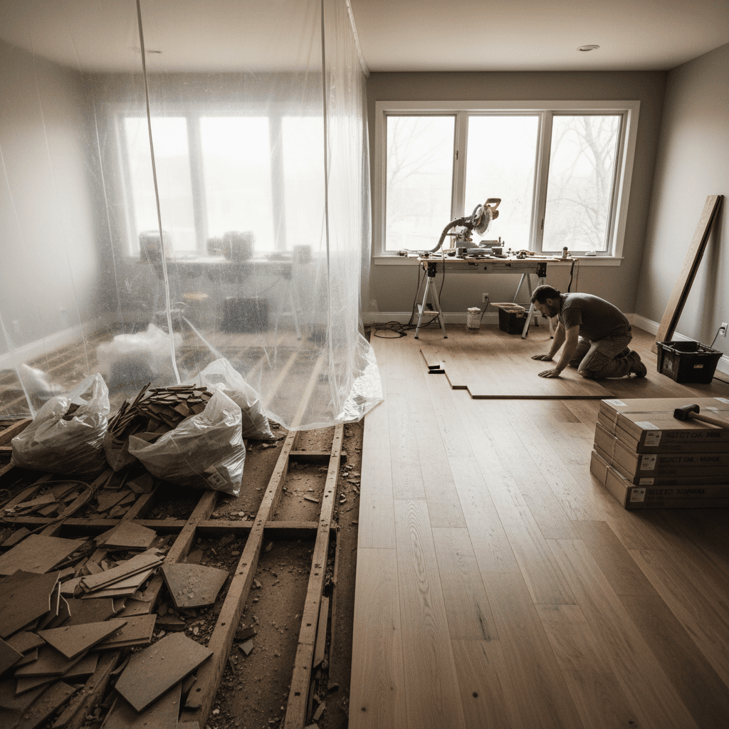 Flooring demo and replacement project showing removal and new installation process