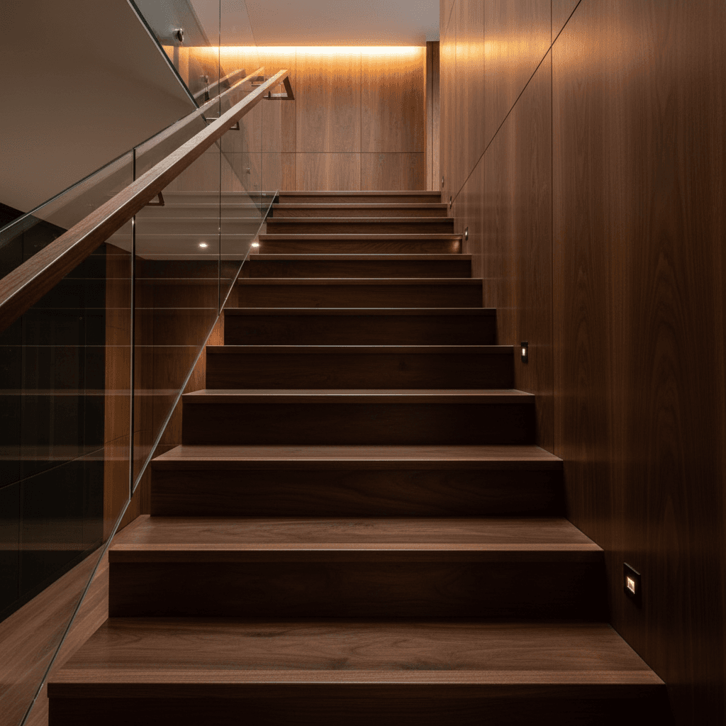 Custom hardwood staircase with refined treads and professional finish