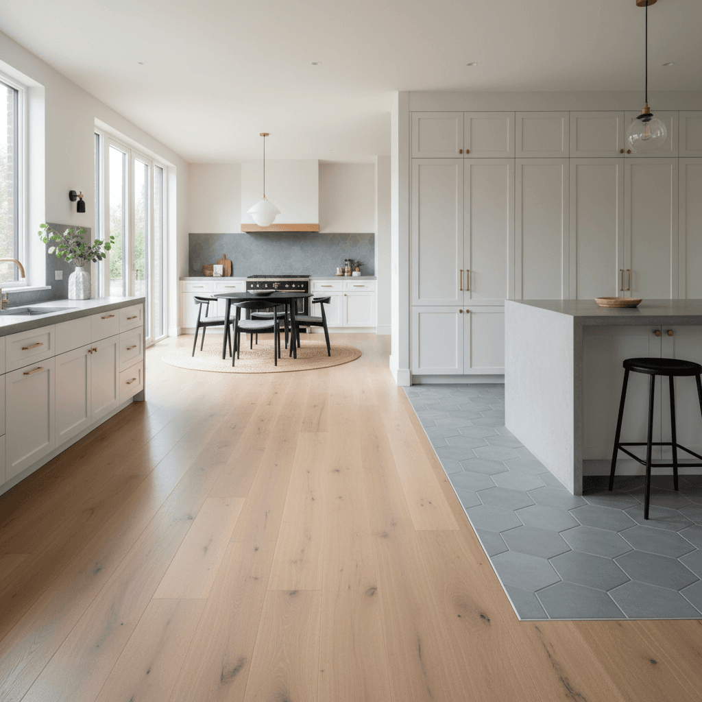 Finished hardwood and tile flooring in contemporary kitchen