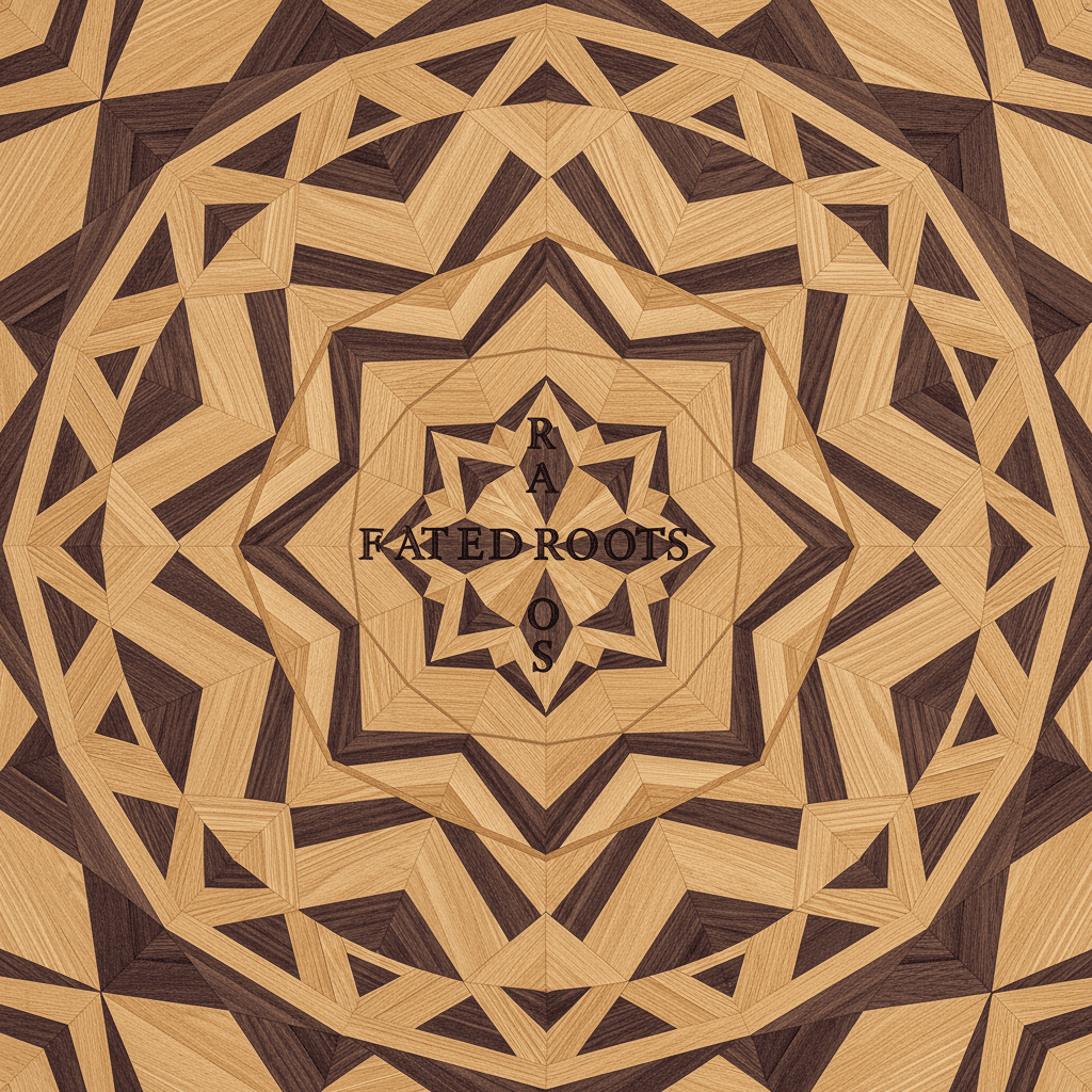 Custom geometric hardwood inlay with contrasting wood species and tones