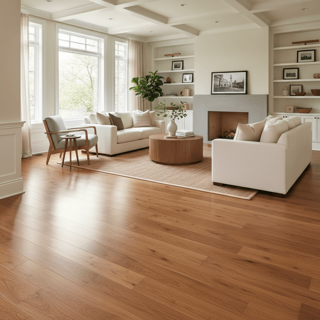 Luxurious living room with newly installed wide plank hardwood flooring