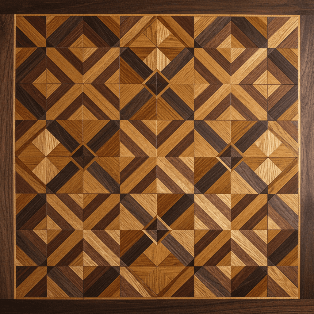 Custom hardwood inlay pattern showing geometric design and precision craftsmanship