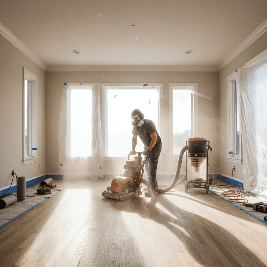 Professional craftsman using dust-controlled sanding equipment on hardwood floor