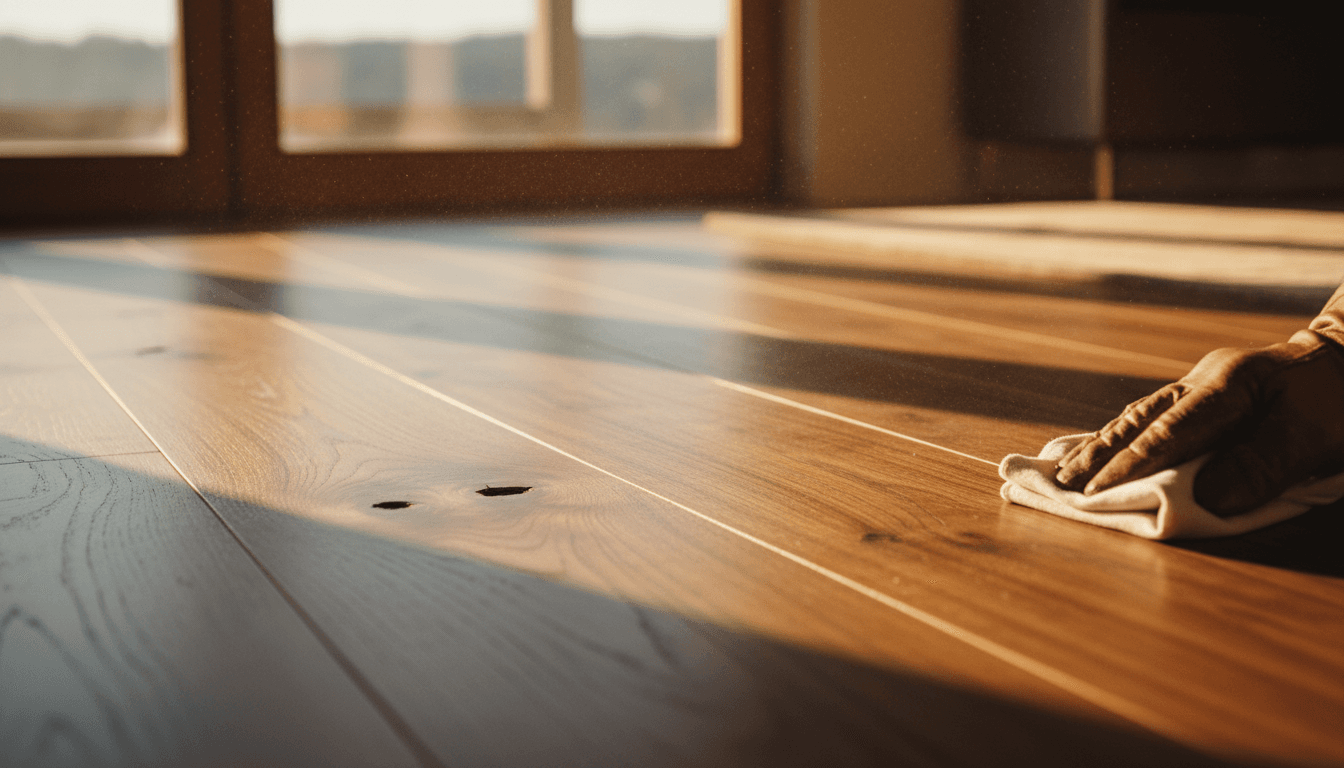 Close-up of premium hardwood flooring installation showing rich wood grain detail and craftsmanship