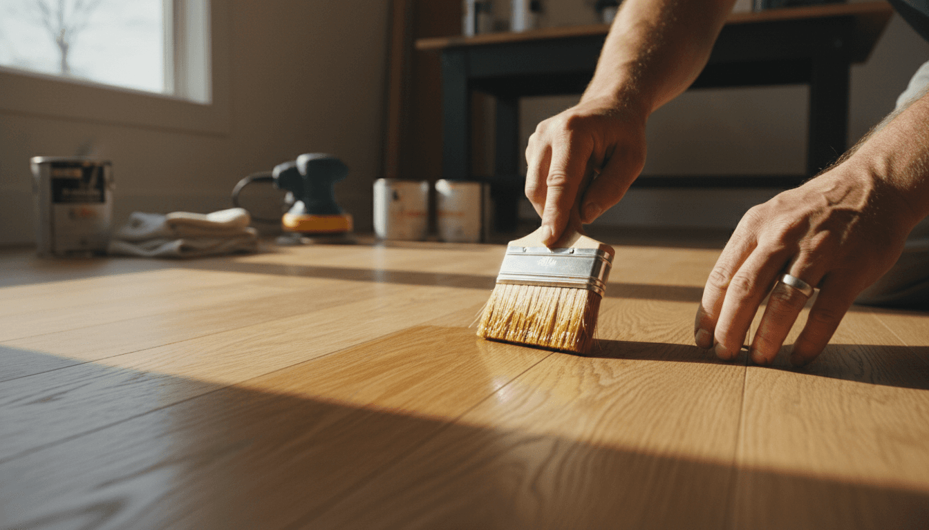 Master craftsman applying premium finish to hardwood floor with professional brush