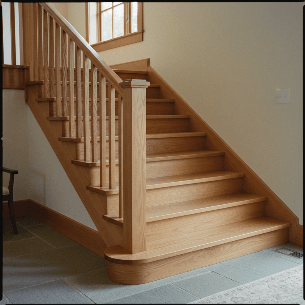 Custom hardwood staircase with precision-finished treads and risers
