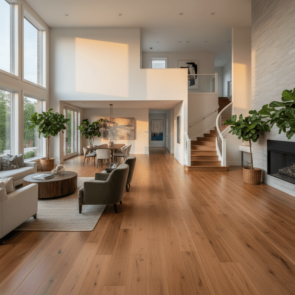 Expansive hardwood floor installation in luxury living space