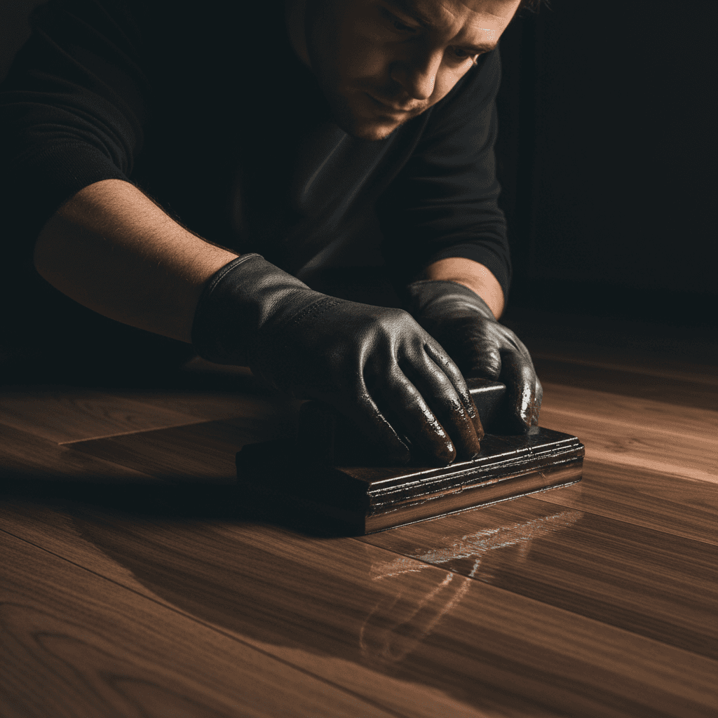 Craftsman applying premium wood finish to hardwood flooring