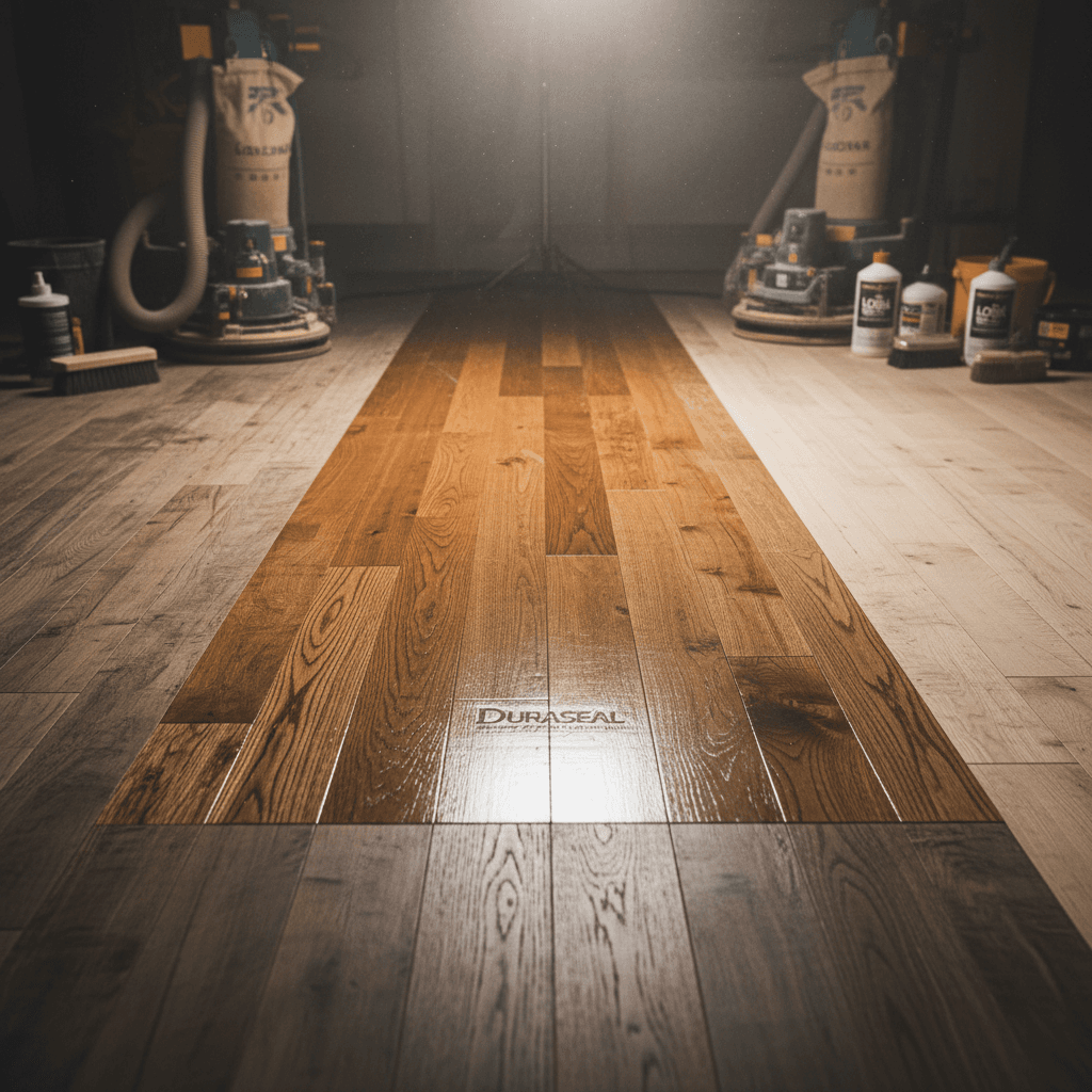 Refinished hardwood floor gleaming with fresh premium finish