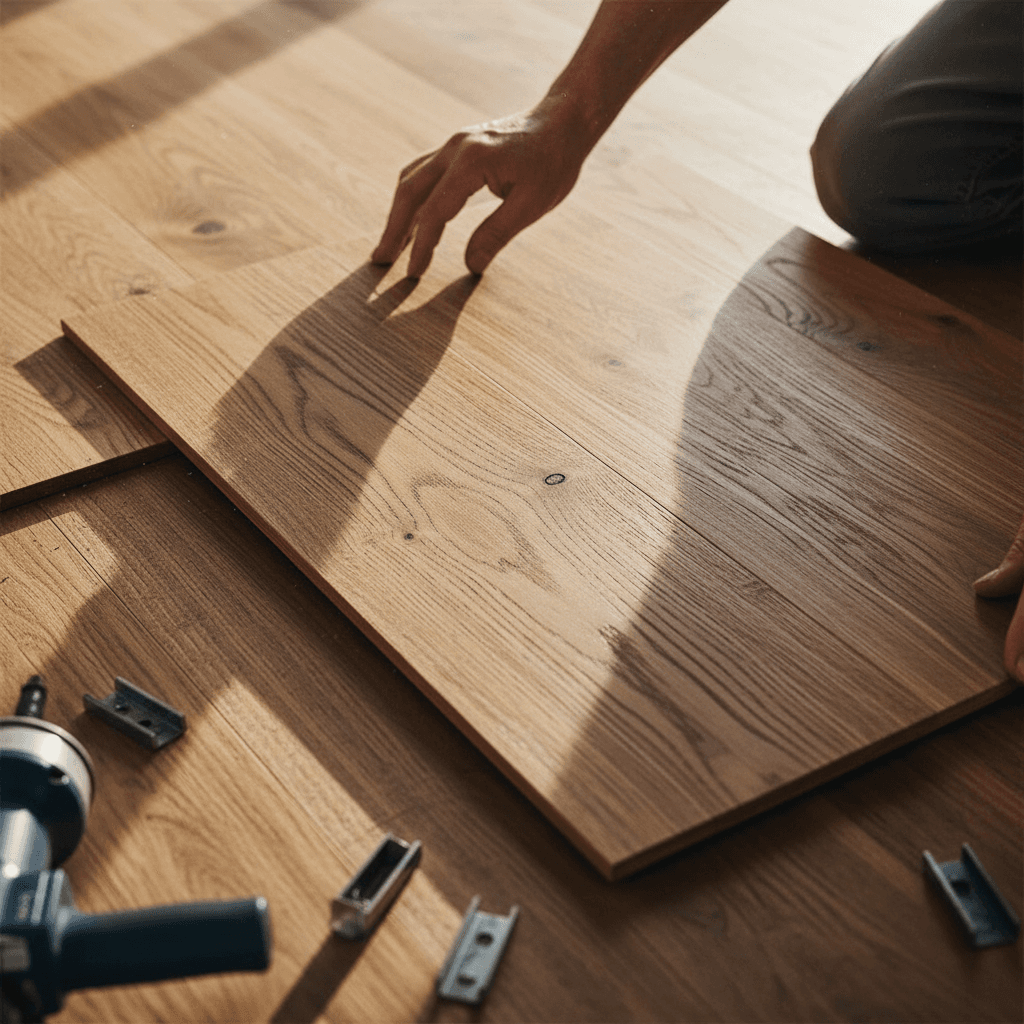 Hardwood flooring installation showing craftsman positioning premium wide plank boards