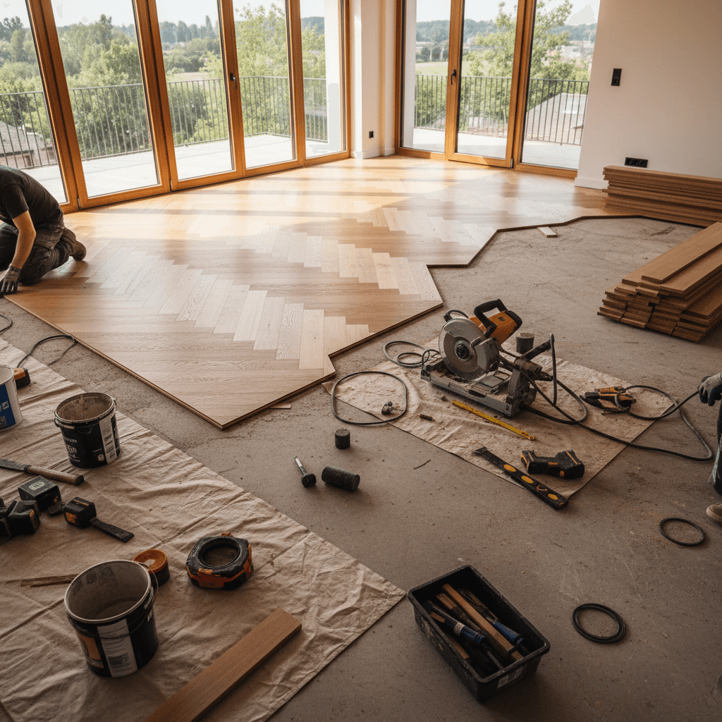 Professional hardwood floor installation in a luxury home renovation