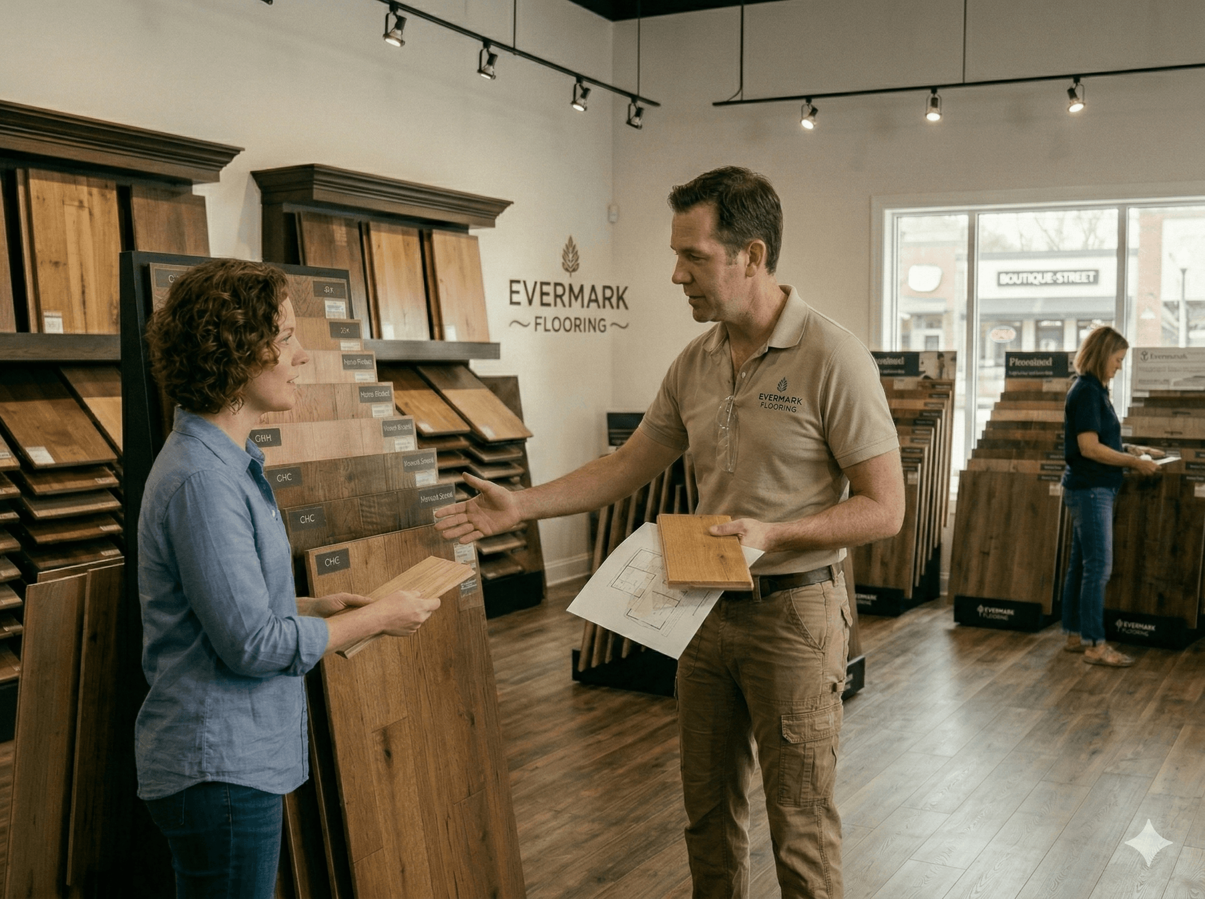 Flooring specialist shows wood samples and a floor plan to a customer in a showroom.